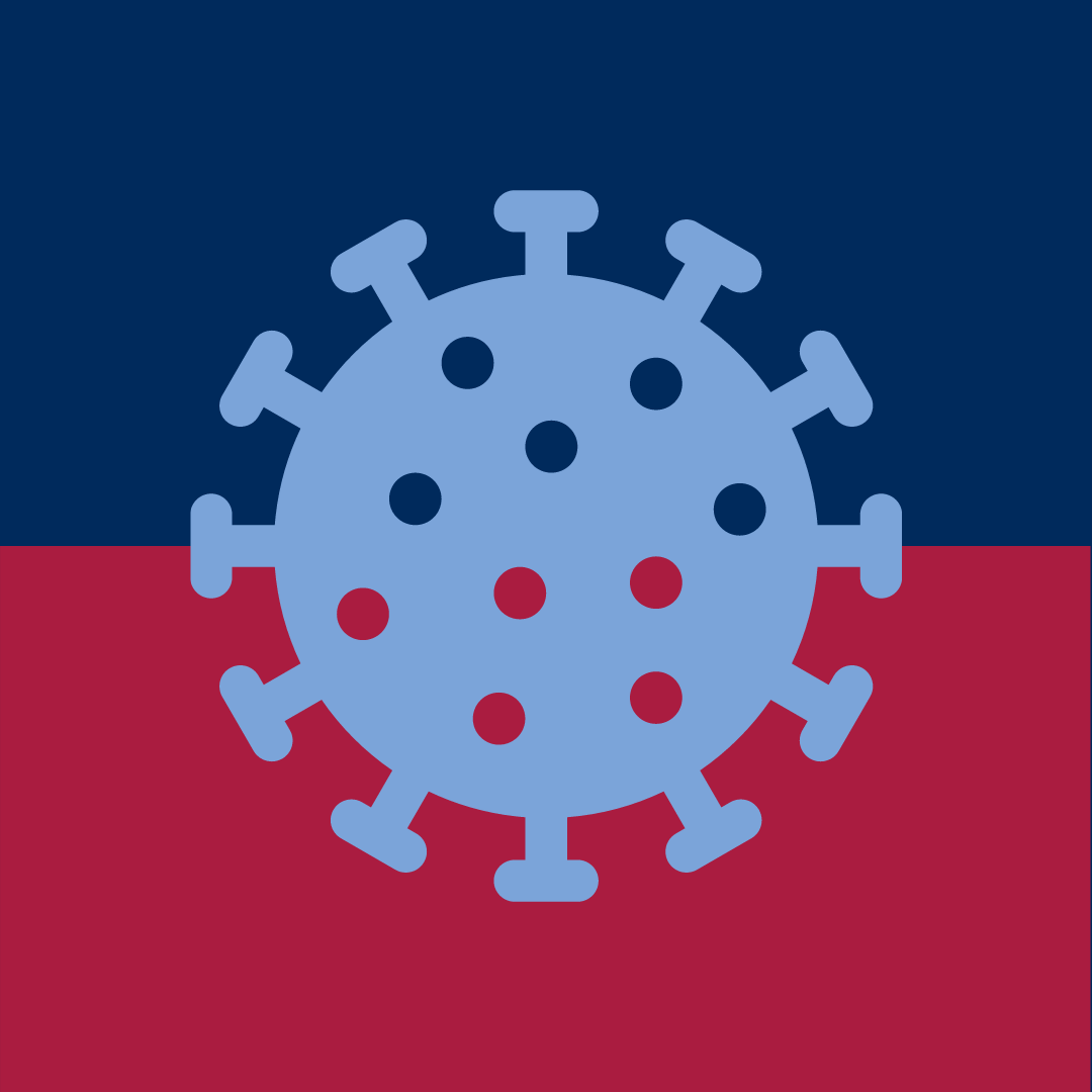 Stylized light blue COVID-19 virus against blue and red background