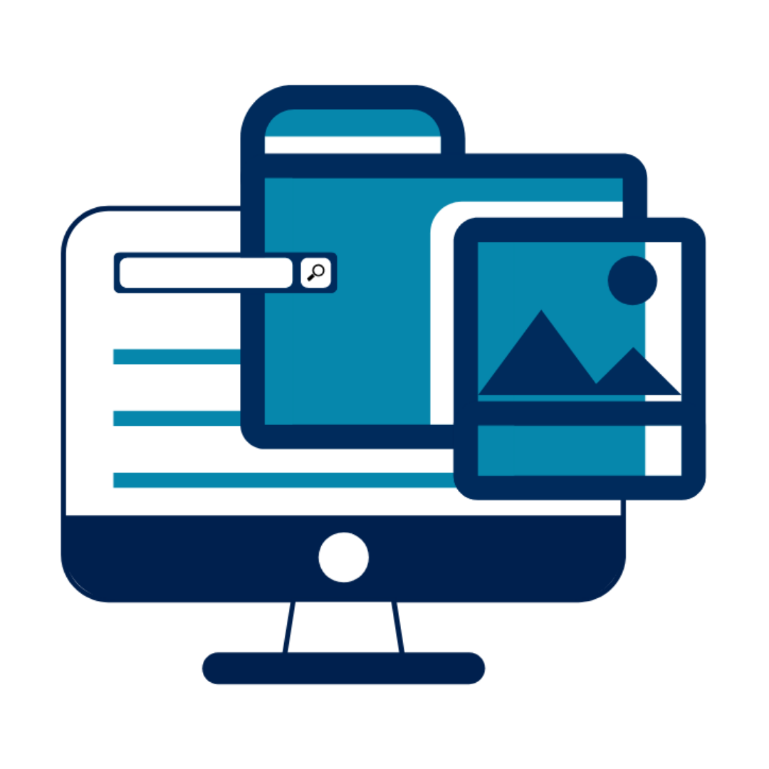 Desktop monitor with lines of text, tablet with an image, and a file folder. A search bar appears overlaid on the image.
