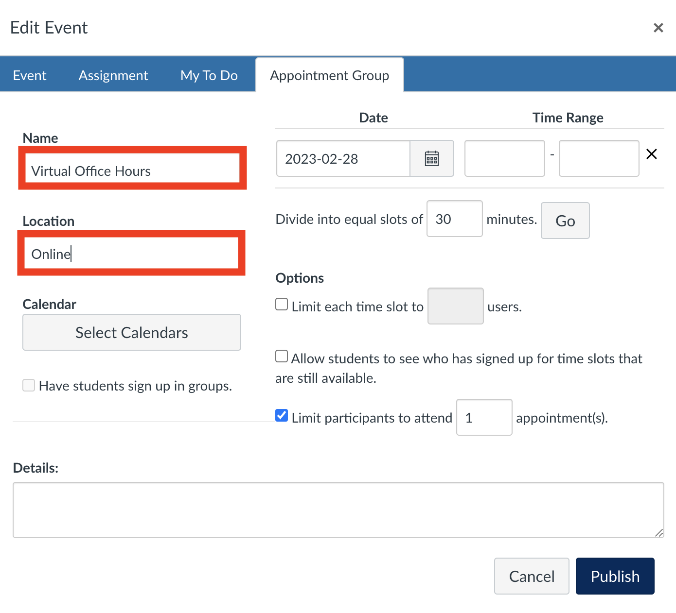 Screenshot of Appointment Group Screen with fields for details.