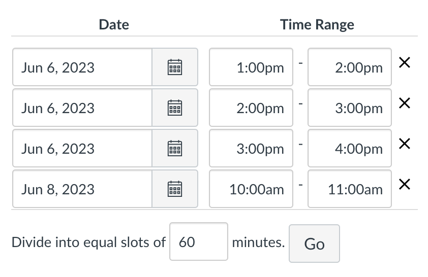 Screenshot showing time ranges for a specified date divided into equal time slots.