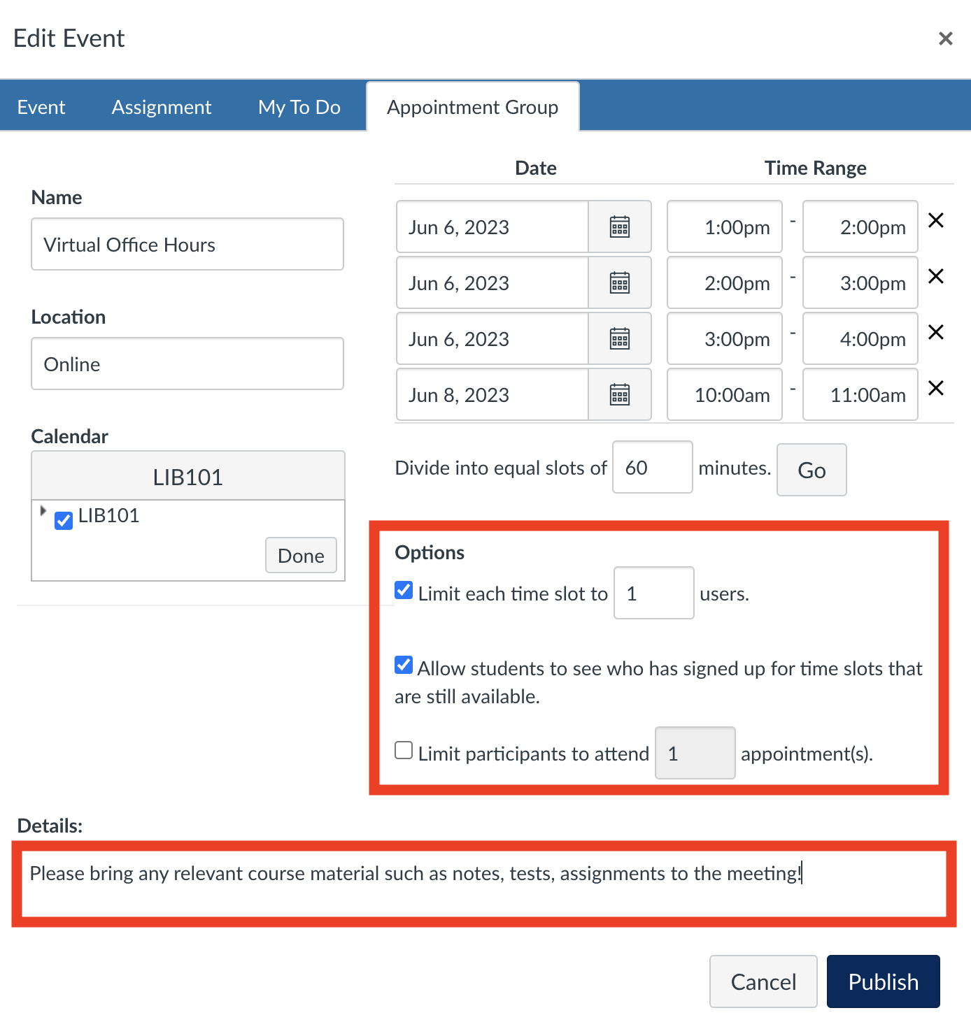 Screenshot of the appointment group details box with the additional options highlighted.