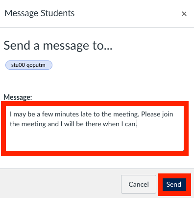 Screenshot of the message student box with the message text entered and the send button highlited.