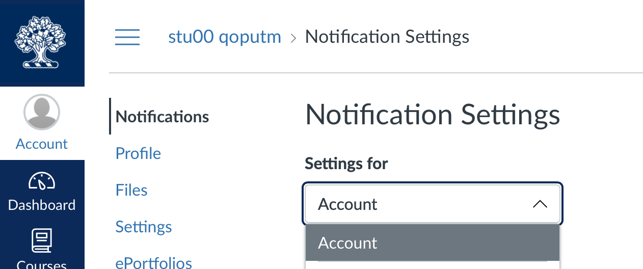 Screenshot of the notifications screen under profile, with the focus on the drop-down menu showing "Account".