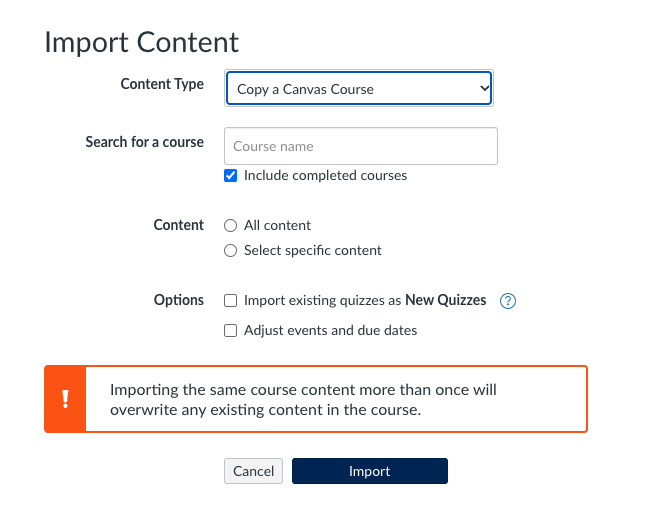 screenshot of import content options area