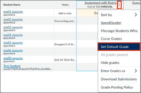 Screenshot demonstrating selecting the three vertical (options) icon and then selecting Set Default Grade.