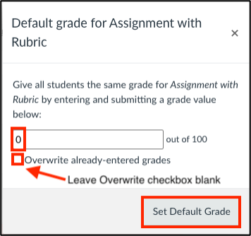 Screenshot demonstrating adding default grade, leaving Overwrite checkbox blank, and selecting Set Default Grade button.