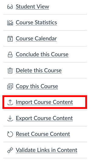 Import Course Content menu item